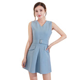 Blue V-neck Sleeveless Belt Casual Mini Dress - FashionByTeresa